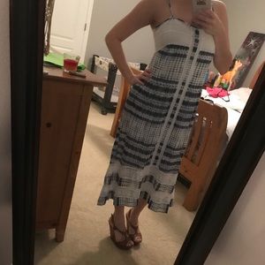 BOSTON PROPER navy blue and white calf length dres